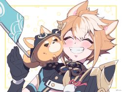 &gt;_&lt; 1boy animal_ears armor black_gloves blush closed_eyes dog_boy dog_ears flag genshin_impact gloves gorou_(genshin_impact) grin hair_between_eyes hair_ornament hat highres homare_(g_hmr88) japanese_armor japanese_clothes male_focus multicolored_hair orange_hair paw_print signature simple_background smile star_(symbol) upper_body white_hair