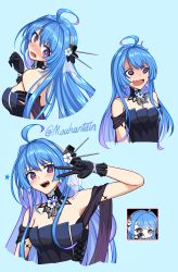 Rule 34 | 1girl, ahoge, azur lane, bare shoulders, black gloves, blue background, blue hair, blush, breasts, choker, cleavage, commentary, dress, embarrassed, english commentary, evening gown, expressions, fang, flower, full-face blush, gloves, hair flower, hair ornament, helena (azur lane), helena (may i have this dance?) (azur lane), highres, long hair, looking at viewer, medium breasts, mouhantain, multiple views, open mouth, purple eyes, shawl, sidelocks, simple background, skin fang, smile, star (symbol), strapless, strapless dress, teeth, twitter username, upper body, upper teeth only