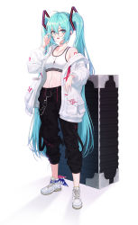 Rule 34 | 1girl, absurdres, alternate costume, aqua eyes, black pants, commentary request, earbuds, earphones, glasses, hair between eyes, hatsune miku, highres, jacket, long hair, long sleeves, looking at viewer, midriff, navel, off shoulder, open mouth, pants, rlawoals2588, shadow, shoes, simple background, solo, sports bra, twintails, very long hair, vocaloid, white background, white footwear, white jacket, white sports bra