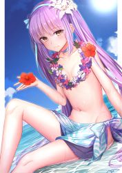 Rule 34 | 1girl, bare legs, blue headband, blue neckwear, blush, bow, breasts, brown eyes, cleavage, closed mouth, cloud, collarbone, commentary request, day, dutch angle, euryale (fate), euryale (formal dress) (fate), fate/hollow ataraxia, fate (series), flower, flower necklace, hair flower, hair ornament, headband, hibiscus, highres, holding, jewelry, knee up, lei, long hair, looking at viewer, navel, necklace, ocean, pink hair, red flower, sarong, shiny skin, shuutou haruka, sidelocks, signature, sitting, small breasts, smile, solo, stomach, sun, topless, twintails, very long hair, water, white flower