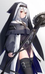 Rule 34 | 1girl, absurdres, arknights, belt, belt buckle, black dress, black thighhighs, buckle, chainsaw, circular saw, closed mouth, cowboy shot, dress, grey hair, groin, habit, highres, holding, holding weapon, jewelry, kotoha (kotoha65), long hair, long sleeves, looking at viewer, necklace, pelvic curtain, red eyes, saw, simple background, smile, solo, specter (arknights), thigh strap, thighhighs, weapon, white background