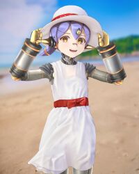 Rule 34 | 1girl, :d, absurdres, android, beach, blurry, blurry background, bow, brown eyes, commentary, cowboy shot, dress, eilier project, hat, highres, looking at viewer, open mouth, outdoors, poppi (xenoblade), purple hair, red bow, sand, sleeveless, sleeveless dress, smile, solo, sun hat, sundress, symbol-only commentary, upper body, water, white dress, xenoblade chronicles (series), xenoblade chronicles 2
