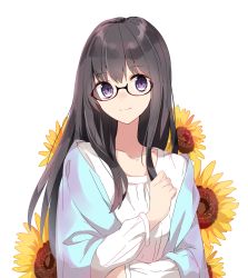 Rule 34 | 1girl, a.a (aa772), black-framed eyewear, black hair, closed mouth, collarbone, commentary request, floral background, glasses, hair between eyes, hand up, himawari-san, himawari-san (character), long hair, long sleeves, looking at viewer, name connection, object namesake, purple eyes, shirt, simple background, smile, solo, upper body, white background, white shirt