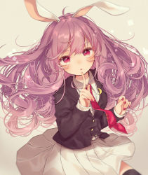 Rule 34 | 1girl, ahoge, animal ears, black jacket, black thighhighs, blazer, blurry, blush, breasts, collared shirt, commentary, cowboy shot, crescent, crescent pin, depth of field, finger to mouth, fingernails, gradient background, grey background, highres, jacket, light purple hair, long hair, long sleeves, looking at viewer, nail polish, necktie, parted lips, pleated skirt, rabbit ears, red eyes, red nails, red necktie, reisen udongein inaba, school uniform, shirt, shushing, simple background, skirt, small breasts, solo, thighhighs, touhou, upper body, very long hair, wavy hair, white shirt, wing collar, yedan999