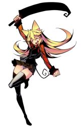 Rule 34 | &gt; &lt;, 1girl, animal ears, black thighhighs, blonde hair, boots, cleaver, clenched hand, closed eyes, collared shirt, fangs, full body, funamusea, holding, jpeg artifacts, long hair, moge-ko, mogeko castle, necktie, ns (ntrsis), open mouth, panties, pantyshot, red skirt, shirt, sidelocks, simple background, skirt, solo, tail, thighhighs, underwear, upskirt, vest, white background, white panties, zettai ryouiki