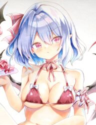 Rule 34 | 1girl, alternate breast size, bare shoulders, bat wings, bikini, blush, bow, breasts, collarbone, commentary request, hair between eyes, hair bow, hand on own stomach, hand up, highres, huyugiri luna, looking at viewer, medium breasts, neck ribbon, open mouth, pink eyes, pointy ears, purple hair, red bikini, red bow, remilia scarlet, ribbon, short hair, simple background, solo, stomach, swimsuit, touhou, upper body, white background, white bow, wings