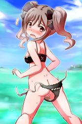 Rule 34 | 10s, 1girl, ass, beach, bikini, blush, breasts, cleft of venus, cloud, embarrassed, female focus, frilled bikini, frills, grey hair, hair ornament, hair ribbon, highres, idolmaster, idolmaster cinderella girls, kanzaki ranko, looking back, nude, ocean, open mouth, outdoors, pussy, red eyes, ribbon, sky, solo, surprised, swimsuit, tears, twintails, uncensored, vanilla anmitsu, wardrobe malfunction, water, wet