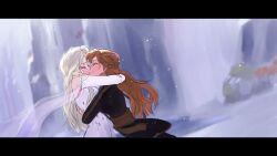 Rule 34 | anna (frozen), black jacket, blonde hair, breasts, commentary request, crying, day, dress, elsa (frozen), frozen (disney), frozen 1022, half up braid, hand on another&#039;s back, hand on another&#039;s head, highres, hug, huge breasts, incest, jacket, kiss, korean commentary, letterboxed, long hair, long sleeves, orange hair, outdoors, siblings, sisters, snow, tears, white dress, yuri