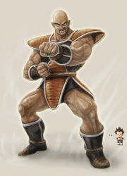 Rule 34 | 2boys, alien, armor, bad id, bad pixiv id, bald, boots, chibi, clenched hand, clenched hands, dragon ball, dragonball z, facial hair, fighting stance, grin, kewpie doll, male focus, manly, multiple boys, muscular, mustache, nappa, obada, outstretched arms, realistic, simple background, smile, spiked hair, spread arms, vegeta, veins
