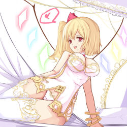 Rule 34 | 1girl, alternate breast size, alternate costume, bad id, bad pixiv id, bed, blonde hair, bracelet, breasts, canopy bed, cleavage, dress, flandre scarlet, frilled pillow, frills, glowing, glowing wings, hair ribbon, heart, jewelry, large breasts, looking at viewer, lots of jewelry, aged up, on bed, open mouth, panties, pillow, red eyes, ribbon, side ponytail, sitting, smile, solo, spoken heart, sseopik, thighhighs, touhou, underwear, white dress, white panties, white thighhighs, wide hips, wings