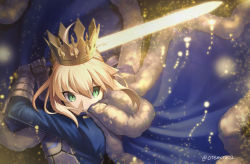 Rule 34 | 1girl, absurdres, ahoge, armor, artist name, artoria pendragon (all), artoria pendragon (fate), blonde hair, blue cape, blue dress, blue ribbon, breastplate, cape, commentary request, crown, dress, excalibur (fate/stay night), fate/stay night, fate (series), floating cape, fur-trimmed cape, fur trim, gauntlets, green eyes, hair ribbon, hands up, highres, holding, holding sword, holding weapon, huge filesize, long sleeves, moto (otemoto02), parted lips, ribbon, saber (fate), solo, sparkle, sword, upper body, weapon