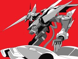 Rule 34 | 10s, armor, bad id, bad pixiv id, bow, concrete revolutio, equus, from side, machinery, mecha, no humans, red background, red bow, robot, simple background