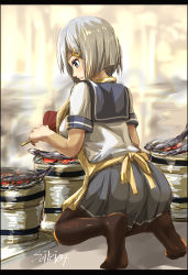Rule 34 | 1girl, apron, black thighhighs, blue eyes, blue sailor collar, blue skirt, blush, commentary request, cooking, fish, full body, grilling, hair ornament, hair over one eye, hairclip, hamakaze (kancolle), hand fan, highres, holding, kantai collection, kappougi, one-hour drawing challenge, open mouth, pleated skirt, sailor collar, school uniform, seitei (04seitei), shirt, short hair, silver hair, skirt, solo, thighhighs, twitter username, uniform, white shirt, yellow apron