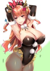 Rule 34 | 1girl, anger vein, animal ears, antlers, armpits, arms up, bdsm, black pantyhose, bondage, bound, bound arms, bow, breasts, brown eyes, brown hair, cleavage, covered navel, deer ears, deer tail, elbow gloves, fang, frills, gloves, half-closed eyes, hanpen (hannpenn2), horns, large breasts, leotard, looking at viewer, matching hair/eyes, original, pantyhose, pom pom (clothes), reindeer antlers, ribbon, ribbon bondage, scowl, solo, tail