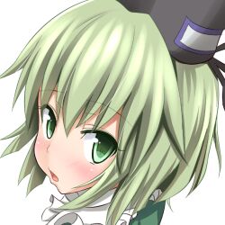 Rule 34 | 1girl, black hat, blush, commentary request, gin&#039;you haru, green eyes, green hair, hat, looking at viewer, open mouth, portrait, profile picture, simple background, soga no tojiko, solo, tate eboshi, touhou, upper body, white background