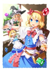 Rule 34 | 2girls, alice margatroid, bad id, bad pixiv id, blonde hair, blue eyes, blush, book, bow, capelet, chair, doll joints, emerane, gem, hairband, hat, hat bow, joints, kirisame marisa, leaning forward, long hair, multiple girls, outstretched arms, shanghai doll, short hair, sitting, spread arms, touhou, window, witch hat, wrist cuffs