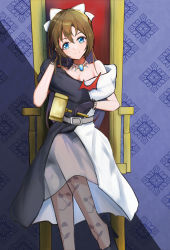 Rule 34 | 1girl, aqua eyes, artist name, artist request, back bow, bare shoulders, belt, black dress, black footwear, black gloves, black high heels, black skirt, blue background, blue eyes, blush, bow, bow hairband, breasts, brooch, brown hair, brown pantyhose, buttons, choker, collarbone, crossed legs, diamond (gemstone), dress, drop earrings, earrings, evening gown, female focus, gloves, grey belt, grey bow, grey skirt, hair between eyes, hair bow, hairband, half updo, hammer, high heels, high ponytail, highres, holding, holding hammer, jewelry, lace, lace gloves, long hair, looking at viewer, love live!, love live! nijigasaki high school idol club, love live! school idol festival, miniskirt, multicolored clothes, multicolored dress, off-shoulder dress, off shoulder, on chair, ousaka shizuku, pantyhose, parted lips, plaid, plaid dress, plaid skirt, pleated, pleated dress, pleated skirt, ponytail, sitting, skirt, sleeveless, sleeveless dress, small breasts, smile, solitude rain (love live!), solo, throne, two-tone dress, white bow, white choker, white dress, white skirt