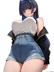 Rule 34 | 1girl, absurdres, black hair, black jacket, blue eyes, blue hair, blue shorts, bluefield, blunt bangs, breasts, closed mouth, colored inner hair, denim, denim shorts, hair intakes, high-waist shorts, highres, hololive, hololive english, jacket, large breasts, multicolored hair, off shoulder, ouro kronii, shirt, shirt tucked in, short shorts, shorts, simple background, sleeveless, sleeveless shirt, smile, solo, turtleneck, two-tone hair, virtual youtuber, white background, white shirt
