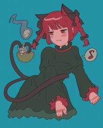Rule 34 | 2girls, :3, animal ear fluff, animal ears, black bow, blue background, blunt bangs, blush, blush stickers, bow, braid, cat ears, cat tail, closed mouth, cowboy shot, cropped legs, dress, extra ears, eyebrows hidden by hair, fang, fang out, frills, green dress, grey hair, hair bow, hair ribbon, highres, hitodama, holding, holding with tail, invisible object, jitome, juliet sleeves, kaenbyou rin, long hair, long sleeves, looking at viewer, mini person, minigirl, mouse ears, multiple girls, multiple tails, musical note, nazrin, nekomata, prehensile tail, puffy sleeves, rbfnrbf (mandarin), red eyes, red hair, ribbon, short hair, simple background, spoken musical note, tail, touhou, tress ribbon, twin braids, twintails, two tails, | |