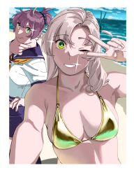 Rule 34 | 2girls, :q, absurdres, alternate costume, aoba (kancolle), armpits, bare shoulders, beach, bikini, border, breasts, day, finger to own chin, gold bikini, green eyes, grin, hair between eyes, highres, kantai collection, kinugasa (kancolle), long hair, looking at viewer, medium breasts, midriff, multiple girls, neckerchief, ocean, ojipon, one eye closed, outdoors, pink hair, ponytail, sailor collar, sand, school uniform, selfie, smile, sparkle, swimsuit, teeth, tongue, tongue out, v, v over eye, water, white border, yellow neckerchief
