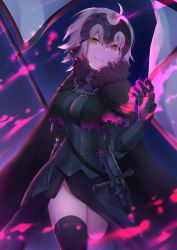 Rule 34 | 1girl, ahoge, akino (1i1i1i1i), armor, armored dress, aura, bad id, bad pixiv id, black armor, black cape, black dress, black thighhighs, breasts, brown eyes, cape, chain, closed mouth, commentary request, dark aura, dress, fate/grand order, fate (series), flag, fur-trimmed cape, fur trim, gauntlets, hair between eyes, headpiece, jeanne d&#039;arc (fate), jeanne d&#039;arc alter (avenger) (fate), jeanne d&#039;arc alter (fate), light brown hair, looking at viewer, medium breasts, smile, solo, thighhighs, white flag