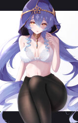 Rule 34 | 1girl, :p, absurdres, alternate costume, bare arms, bare shoulders, black background, black pantyhose, blue gemstone, blue hair, blue hood, bow, bow bra, bra, breasts, bright pupils, drill hair, drill sidelocks, gem, genshin impact, hair between eyes, hand up, highres, index finger raised, jewelry, lace, lace-trimmed bra, lace trim, layla (genshin impact), long hair, looking at viewer, medium breasts, navel, neck ring, orange eyes, pantyhose, pisuke (user kcmh2774), sidelocks, signature, sitting, smile, solo, stomach, thighband pantyhose, thighs, tongue, tongue out, twin drills, two-tone background, underwear, very long hair, white background, white bra, white pupils, wide hips