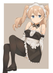 Rule 34 | 1girl, 2l (2lsize), apron, bare shoulders, black dress, black footwear, black thighhighs, blue eyes, breasts, brown hair, closed mouth, detached sleeves, dress, frills, hair between eyes, highres, long hair, looking at viewer, maid, maid headdress, mary janes, medium breasts, original, outside border, shoes, short dress, sitting, smile, solo, thighhighs, twintails, waist apron