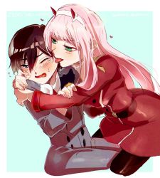 Rule 34 | 10s, 1boy, 1girl, black hair, blue eyes, blush, breasts, couple, darling in the franxx, fangs, fringe trim, green eyes, hair ornament, hairband, hand on another&#039;s arm, hetero, highres, hiro (darling in the franxx), horns, hug, large breasts, lips, long hair, looking at another, military, military uniform, necktie, o831o141, one eye closed, oni horns, pink hair, red horns, red neckwear, short hair, sitting, swimsuit, uniform, white hairband, zero two (darling in the franxx)