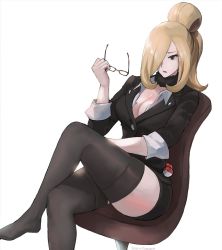 Rule 34 | 1girl, black eyes, black jacket, black skirt, black thighhighs, blonde hair, breasts, chair, cleavage, collared shirt, commentary, creatures (company), crossed legs, cynthia (pokemon), eyelashes, fur collar, game freak, hair over one eye, hand up, highres, holding, holding removed eyewear, jacket, large breasts, long hair, nintendo, no shoes, office lady, open mouth, poke ball, poke ball (basic), pokemon, pokemon dppt, shirt, sitting, skirt, solo, thighhighs, tommy (kingdukeee), tongue, unworn eyewear, white background, white shirt