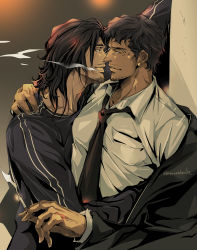 Rule 34 | 2boys, arm around shoulder, arm up, black hair, black jacket, black neckwear, cigarette, eye contact, facial hair, highres, holding, holding cigarette, jacket, long hair, long sleeves, looking at another, multiple boys, muscular, naoesdoodle, necktie, original, outdoors, scar, scar on hand, shirt, smoking, stubble, twitter username, upper body, white shirt, yaoi
