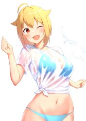 Rule 34 | 1girl, ;d, ahoge, bikini, bikini under clothes, blonde hair, blue bikini, blush, breasts, clenched hands, commentary request, cowboy shot, groin, hair between eyes, hair flaps, halterneck, hands up, highres, ibuki tsubasa, idolmaster, idolmaster million live!, karua (karua23), looking at viewer, medium breasts, navel, no pants, one eye closed, open mouth, red eyes, see-through, shirt, short hair, short sleeves, simple background, smile, solo, splashing, standing, stomach, swimsuit, tied shirt, water, water drop, wet, wet clothes, wet shirt, white background, white shirt