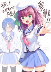Rule 34 | 1boy, 1girl, angel beats!, beret, black thighhighs, blue sailor collar, blue skirt, blush, closed eyes, commentary request, crossdressing, green eyes, hair between eyes, hat, highres, hinata hideki, long sleeves, looking at viewer, nakamura hinato, neckerchief, nose blush, outstretched arm, pink neckerchief, pleated skirt, purple hair, sailor collar, school uniform, serafuku, shirt, simple background, skirt, sleeves past wrists, thighhighs, translation request, v-shaped eyebrows, white background, white headwear, white shirt, yuri (angel beats!)