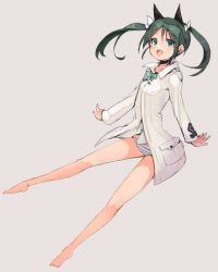 Rule 34 | 1girl, :d, animal ears, bare legs, barefoot, bow, cat ears, choker, fang, francesca lucchini, full body, green eyes, green hair, hair bow, long hair, matching hair/eyes, no pants, open mouth, panties, simple background, smile, solo, strike witches, striped clothes, striped panties, sumisu (mondo), twintails, underwear, world witches series