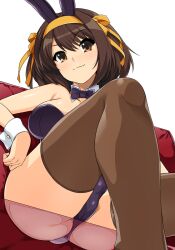 Rule 34 | 1girl, animal ears, black leotard, black thighhighs, bow, bowtie, breasts, brown eyes, brown hair, detached collar, fake animal ears, haruhisky, highres, large breasts, leotard, light smile, looking at viewer, official alternate costume, playboy bunny, rabbit ears, ribbon, sitting, smile, solo, strapless, strapless leotard, suzumiya haruhi, suzumiya haruhi no yuuutsu, thighhighs, wrist cuffs, yellow ribbon