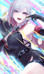 Rule 34 | 1girl, :d, bare shoulders, belt, black belt, black gloves, breasts, coin, commentary, gloves, highres, holding, holding coin, honkai: star rail, honkai (series), large breasts, looking at viewer, multicolored hair, numby (honkai: star rail), open mouth, purple eyes, red hair, sanshoku dango (ahxf3842), short hair, smile, streaked hair, topaz (honkai: star rail), trotter (honkai: star rail), white hair