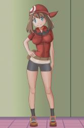 Rule 34 | 1girl, aruman, bad id, bad pixiv id, bandana, bike shorts, black socks, blouse, blue eyes, blush, breasts, brown hair, collared shirt, creatures (company), fanny pack, female focus, full body, game freak, green background, hand on own hip, highres, indoors, large breasts, looking at viewer, may (pokemon), nintendo, poke ball theme, pokemon, pokemon rse, pouch, red bandana, red footwear, red shirt, shirt, shoes, short sleeves, smile, socks, solo, split mouth, standing
