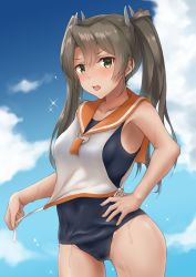 Rule 34 | 1girl, alternate costume, black one-piece swimsuit, blouse, blue sky, blush, breasts, closed mouth, cloud, cosplay, day, green eyes, green hair, hair between eyes, highres, i-400 (kancolle), i-400 (kancolle) (cosplay), k jie, kantai collection, long hair, looking at viewer, one-piece swimsuit, open mouth, orange sailor collar, sailor collar, school swimsuit, shirt, sky, sleeveless, sleeveless shirt, small breasts, solo, swimsuit, swimsuit under clothes, twintails, white shirt, zuikaku (kancolle)