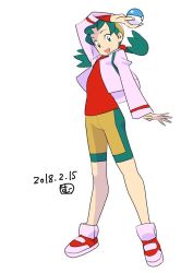 Rule 34 | 1girl, 2018, :d, aqua eyes, aqua hair, arm up, creatures (company), cropped jacket, dated, full body, game freak, hat, holding, holding poke ball, jacket, kris (pokemon), legs apart, muneondo, nintendo, open clothes, open jacket, open mouth, poke ball, pokemon, pokemon gsc, purple jacket, red shirt, shirt, shoes, shorts, simple background, smile, solo, standing, twintails, white background