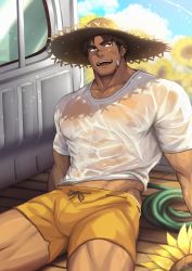 Rule 34 | 1boy, abs, bandaid, bandaid on face, bara, biceps, brown eyes, brown hair, cloud, cloudy sky, commentary, day, flower, hat, highres, looking to the side, male focus, manly, mature male, motor vehicle, muscular, muscular male, navel, nipples, open mouth, original, outdoors, pectorals, pickup truck, see-through, see-through shirt, shirt, short hair, shorts, sky, smile, solo, spiked hair, straw hat, sunflower, symbol-only commentary, t-shirt, teeth, thick thighs, thighs, tight clothes, tongue, truck, wet, wet clothes, zifu