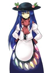 Rule 34 | 1girl, bad id, bad pixiv id, blue hair, female focus, food, fruit, hat, hinanawi tenshi, long hair, mittens, peach, red eyes, red mittens, reon (pixiv), reon (saikyou), scarf, simple background, solo, standing, touhou, white background