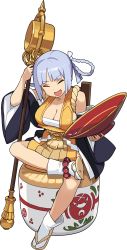 Rule 34 | 1girl, anklet, apron, artist request, bare shoulders, black kimono, blue hair, braid, braided hair rings, breasts, brown footwear, cleavage, closed eyes, cup, female focus, full body, hair intakes, hair ribbon, hair rings, hands up, happy, highres, holding, holding cup, holding staff, japanese clothes, jewelry, kaiyu (world flipper), kimono, long sleeves, medium breasts, non-web source, off shoulder, official art, orange apron, petals, ribbon, rope, sakazuki, sandals, sarashi, shide, short hair, sidelocks, simple background, sitting, smile, socks, solo, staff, tabi, transparent background, twin braids, two side up, v-shaped eyebrows, white ribbon, white socks, wide sleeves, world flipper
