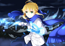 Rule 34 | 1girl, ahoge, aqua eyes, artoria pendragon (all), artoria pendragon (fate), blonde hair, blue scarf, ello, fate/stay night, fate (series), gauntlets, invisible air (fate), jacket, looking at viewer, night, official alternate costume, saber (fate), scarf, short hair, skirt, solo