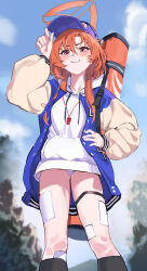 Rule 34 | 1girl, absurdres, baseball cap, blue archive, blue hat, blush, closed mouth, feet out of frame, gubbi on, halo, hat, highres, hood, hoodie, jacket, long hair, long sleeves, looking at viewer, open clothes, open jacket, panties, red eyes, red hair, red halo, rei (blue archive), smile, solo, thigh strap, underwear, whistle, whistle around neck, white hoodie, white panties