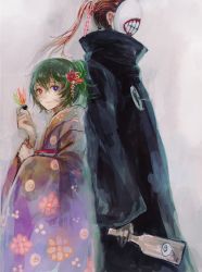 Rule 34 | 1boy, 1girl, alternate costume, alternate hairstyle, bandages, black cloak, blue eyes, brown hair, cloak, eto (tokyo ghoul), flower, from side, gradient background, gradient clothes, green hair, grey background, hair flower, hair ornament, hand up, height difference, holding, japanese clothes, kimono, long sleeves, mask, multicolored hair, noro (tokyo ghoul), pink kimono, ponytail, red eyes, red flower, red hair, short hair, smile, straw like, teeth print, tokyo ghoul, tokyo ghoul:re, two-tone hair