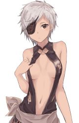 Rule 34 | 10s, 1girl, adjusting clothes, adjusting swimsuit, bad id, bad twitter id, bare shoulders, black one-piece swimsuit, breasts, breasts apart, brown eyes, bullfalk, collarbone, eyepatch, granblue fantasy, navel, one-piece swimsuit, sarong, short hair, silver hair, simple background, slingshot swimsuit, solo, swimsuit, tania (granblue fantasy), white background
