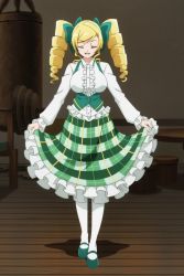 Rule 34 | 1girl, absurdres, blonde hair, bow, breasts, closed eyes, drill hair, eris mcclain, frilled shirt, frilled skirt, frills, full body, green bow, green skirt, hair bow, highres, juliet sleeves, large breasts, long sleeves, multicolored clothes, multicolored skirt, open mouth, puffy sleeves, screencap, shinka no mi, shirt, shoes, skirt, stitched, third-party edit, twin drills, white legwear, white shirt, white skirt