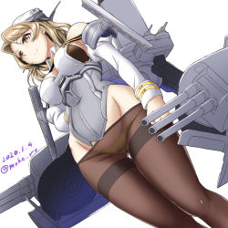 Rule 34 | 1girl, anti-aircraft, anti-aircraft gun, black pantyhose, black skirt, blonde hair, blush, breasts, brown eyes, cannon, dated, detached collar, detached sleeves, dutch angle, eyebrows, hat, headgear, houston (kancolle), kantai collection, lace, lace-trimmed panties, lace trim, machinery, medium breasts, medium hair, moke ro, navel, no pants, panties, pantyhose, peaked cap, rigging, shin guards, shirt, simple background, skirt, smile, smokestack, solo, standing, thighband pantyhose, turret, twitter username, underwear, white background, white shirt, yellow panties