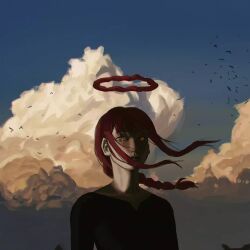 Rule 34 | 1girl, artist request, bird, black shirt, blood, blood halo, braid, braided ponytail, chainsaw man, closed mouth, cloud, cloudy sky, diolexcuzeme, halo, liquid halo, long hair, looking at viewer, makima (chainsaw man), red hair, ringed eyes, shirt, sidelocks, signature, sky, solo, yellow eyes
