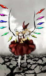 Rule 34 | 1girl, bad id, bad pixiv id, blonde hair, collared shirt, dress, female focus, flandre scarlet, gradient background, grey background, gyoniku sausage, hair between eyes, hat, kneehighs, mob cap, partially colored, shirt, side ponytail, socks, solo, touhou, white hat, white socks, wings
