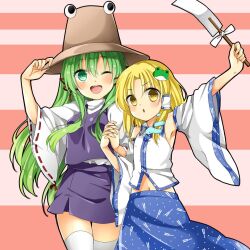 Rule 34 | 2girls, blonde hair, blush, cosplay, costume switch, detached sleeves, frog hair ornament, green eyes, green hair, hair ornament, hat, highres, japanese clothes, kochiya sanae, long hair, looking at viewer, miko, moriya suwako, multiple girls, one eye closed, open mouth, pink background, snake hair ornament, sugu016406, touhou, two-tone background, yellow eyes